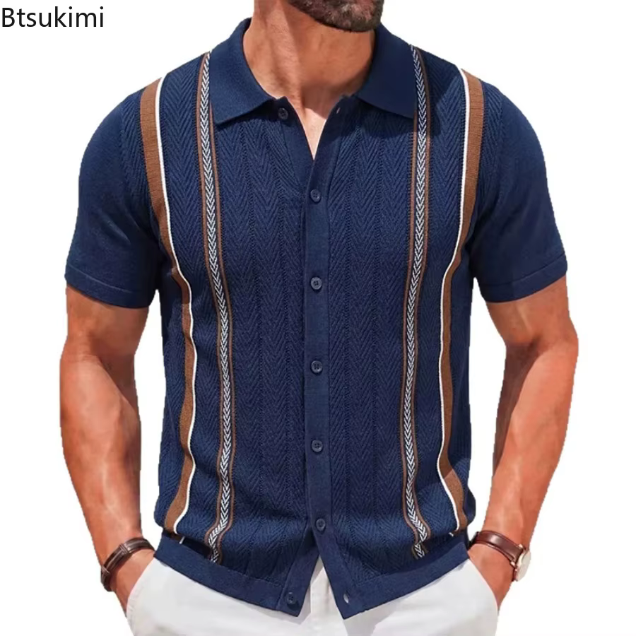Chemises polo en tricot rayées rétro pour hommes