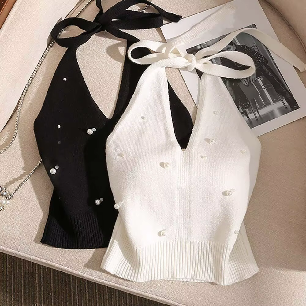 Gilet sans dos en tricot avec perles françaises