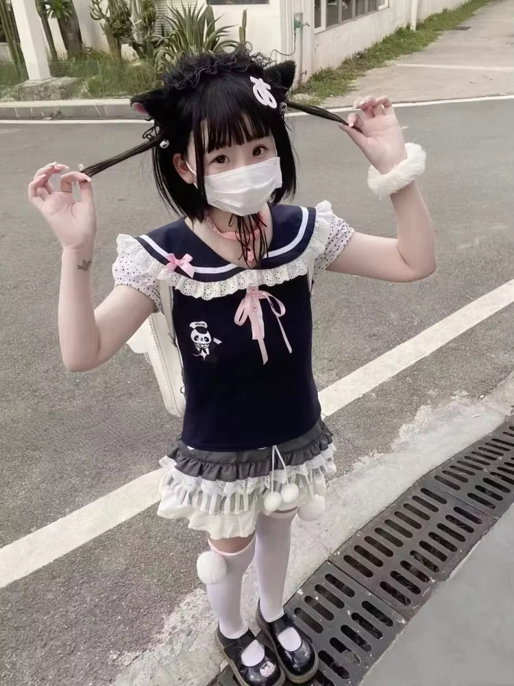 Japonais Y2k dentelle T-shirt femmes Kawaii dessin animé broderie graphique t-shirts Harajuku mode décontracté arc hauts