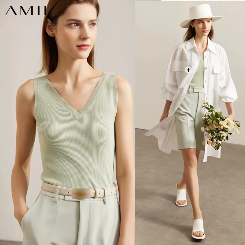 AMII minimalisme débardeur pour femmes 2025 été nouveau polyvalent col en v ajustement tricoté gilet Camis hauts noirs
