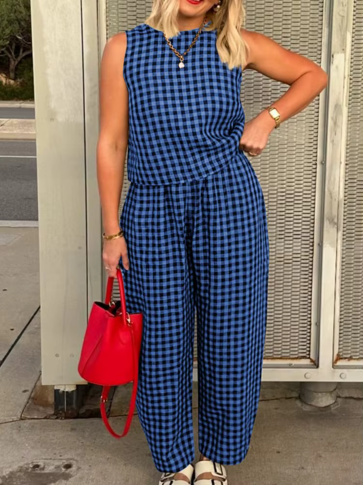 Mode femmes pantalons ensemble imprimé Plaid sans manches 2025 printemps été décontracté gilet neuf points pantalon