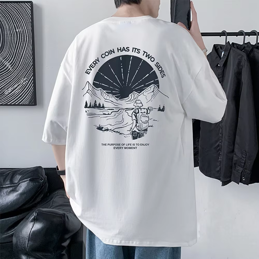 T-shirt en coton imprimé à manches mi-longues pour hommes