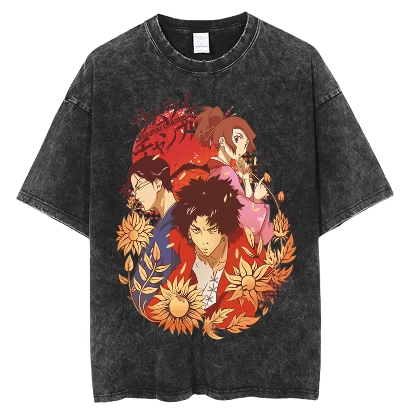 Anime graphique samouraï Champloo T-shirt Vintage lavé surdimensionné T-Shirts hommes femmes vêtements pur coton à manches courtes T-Shirts
