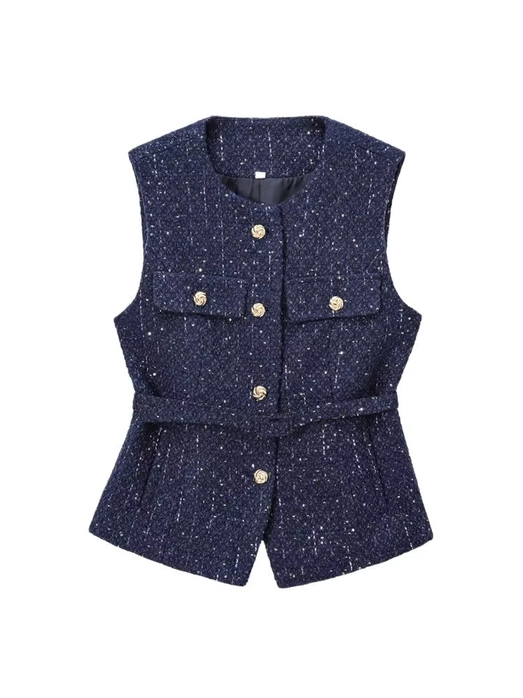 Gilet en Tweed avec ceinture pour femmes, col rond, sans manches, bouton sur le devant, vêtements d'extérieur pour femmes, hauts chics, à la mode