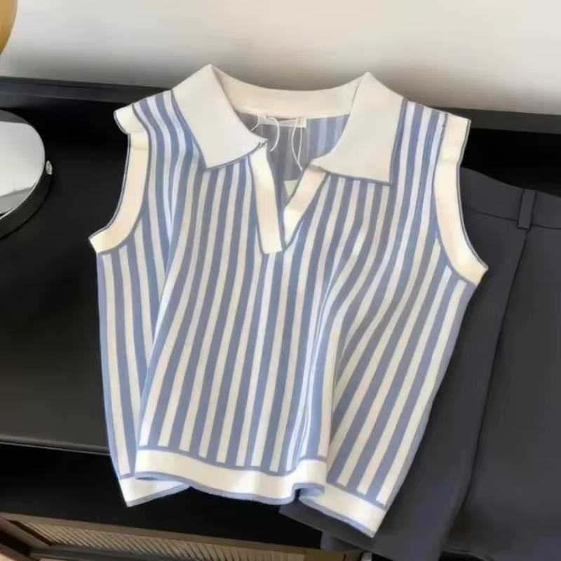 Haut sans manches à col jeune rayé bleu pour femmes