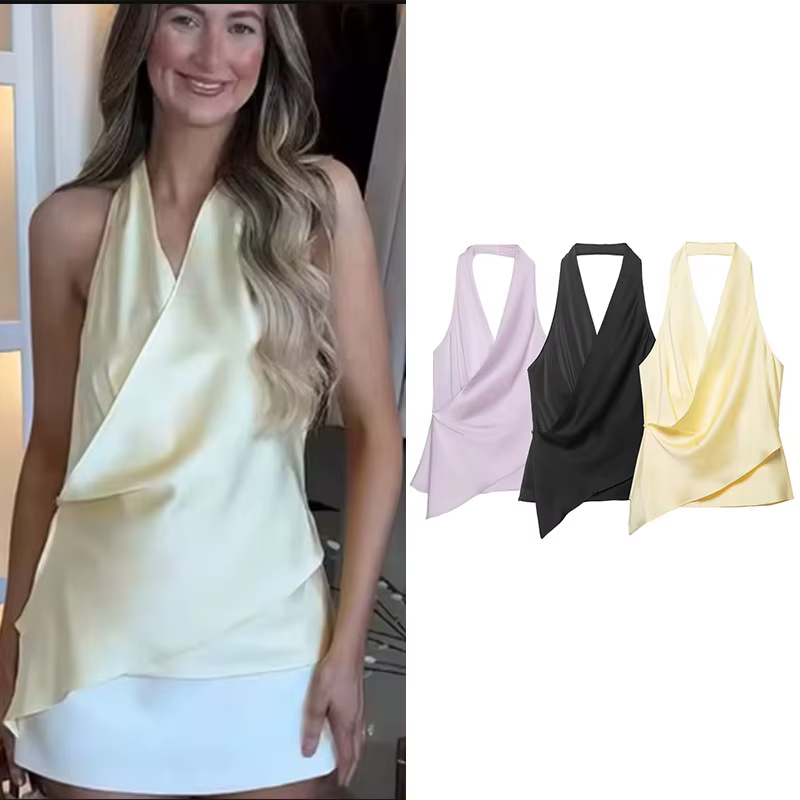 Haut en satin à col halter pour femme