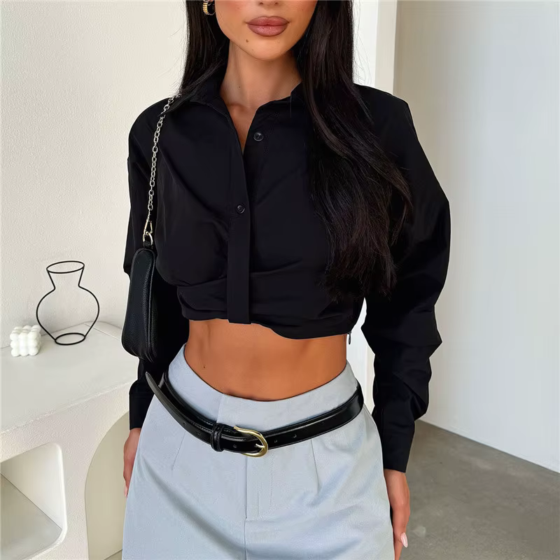 Hirigin femmes recadrée boutonné chemises mode revers col en v à manches longues couleur unie hauts printemps automne Blouse Streetwear