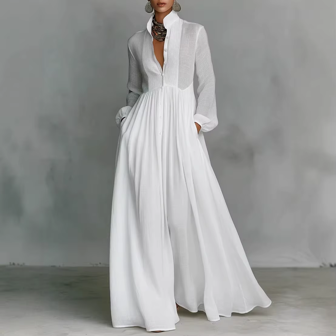 Robe longue élégante pour femmes, automne-hiver 2025, manches longues, robe maxi blanche décontractée