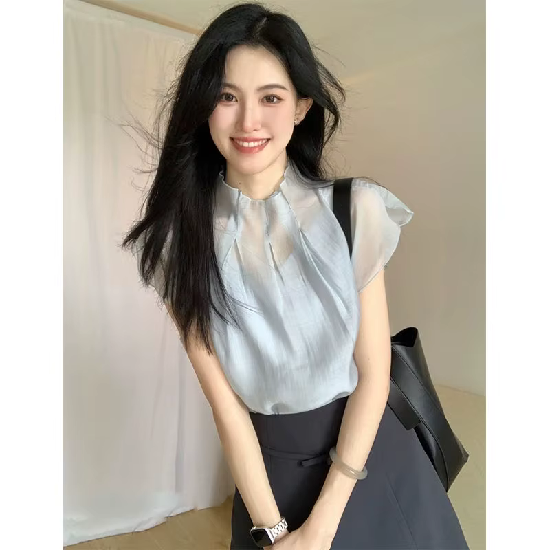 Élégant col mi-haut manches volantes en mousseline de soie chemise transparente Camisole t-shirt femmes taille haute a-ligne jupe été mince trois pièces