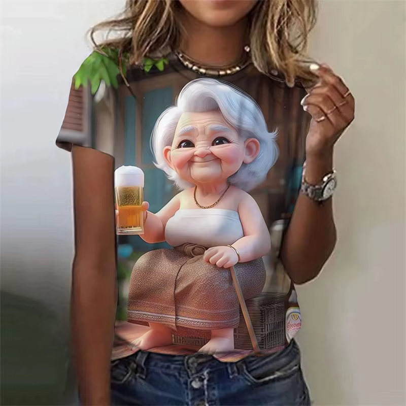T-Shirt grand-mère de dessin animé imprimé en 3D pour femmes