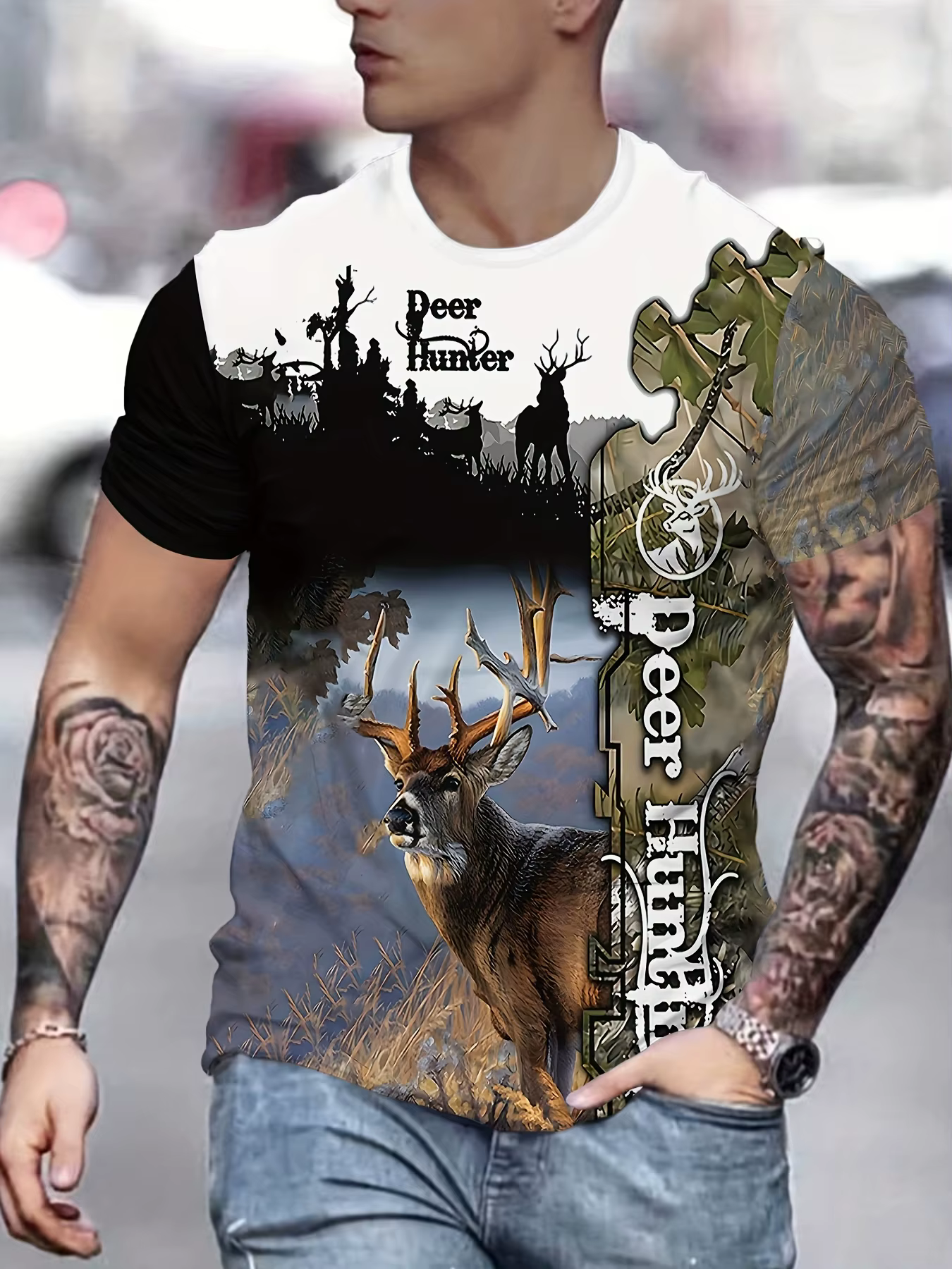 T-shirt décontracté pour homme à imprimé 3D cerf, col rond, manches courtes, style camouflage, motif graphique, hauts de mode pour l'extérieur