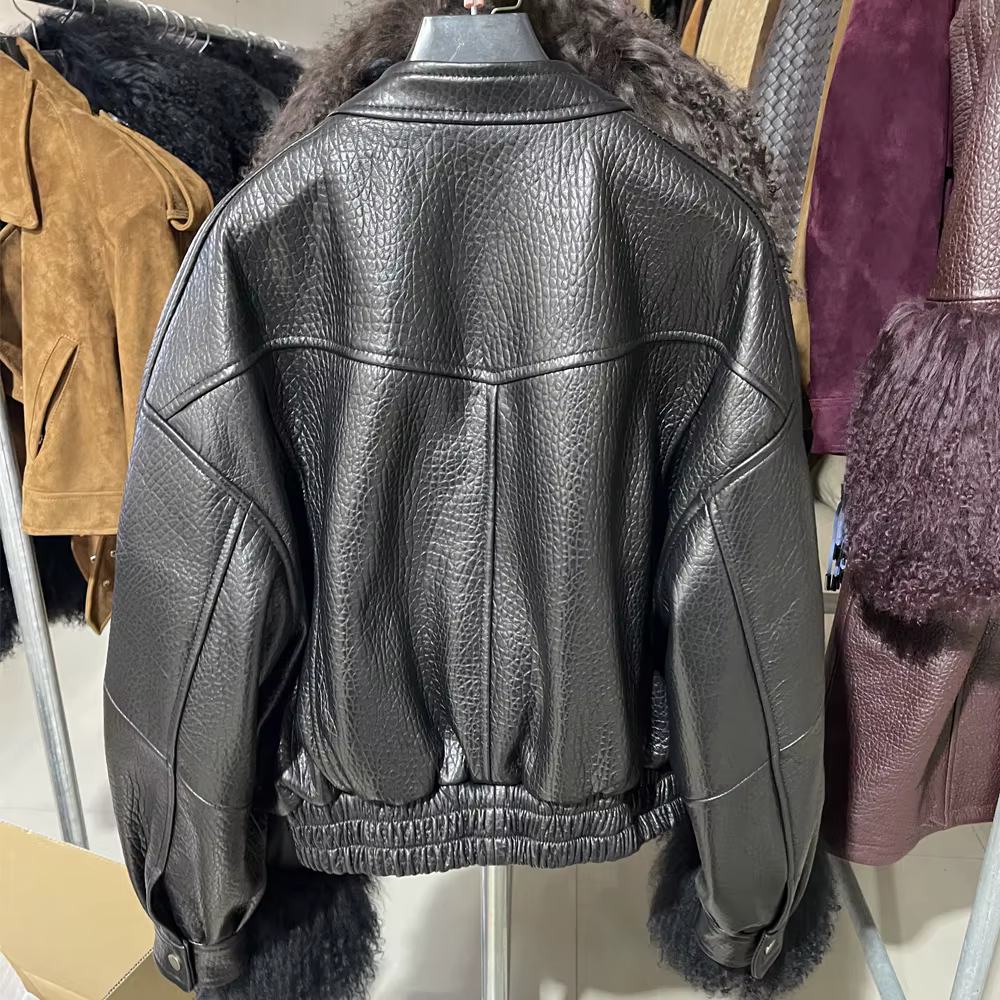 Veste bomber en peau de mouton grainée véritable pour femme, col rond, fermeture éclair, manteau en cuir véritable vintage pour femme