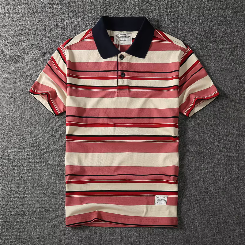 Coton épais May kaki vintage couleur contraste revers rayé polo à manches courtes T-shirt hommes mode