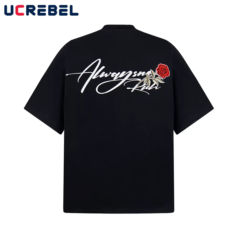 Rose fleur broderie à manches courtes T-shirt hommes rétro haute rue demi-manches ample col rond coton