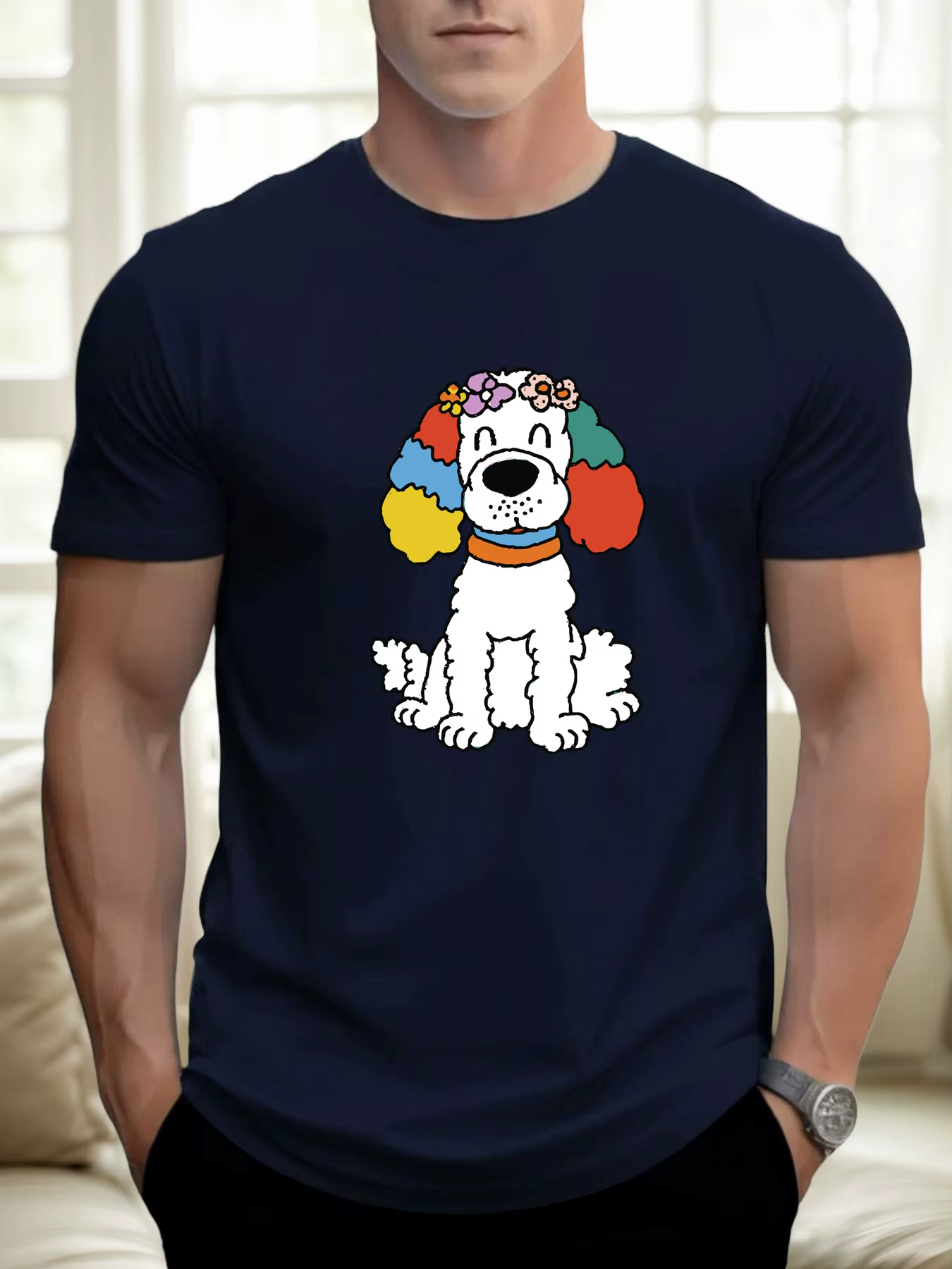 T-shirt pour hommes couleur oreilles chiot 100 % coton impression graphique été col rond
