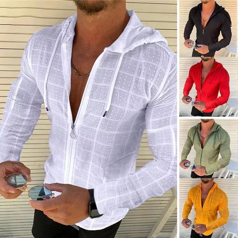 Mode d'été sans manches/long/manches courtes sweat à capuche fermeture éclair t-shirt décontracté imprimé à carreaux point ouvert plage Protection solaire vêtements