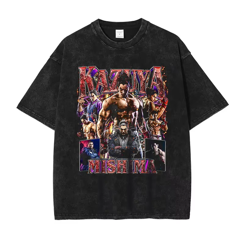 T-shirt manches courtes imprimé Jin Kazama Yoshimitsu PC Game, vintage, délavé, Hip Hop, Harajuku DTG
