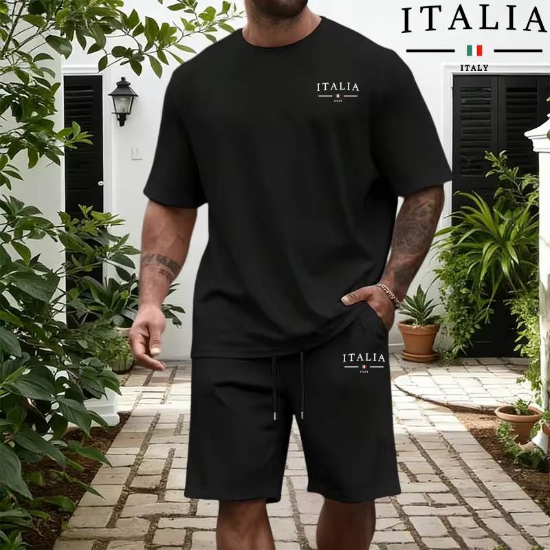 Ensemble Homme Mode Italienne : T-shirts en Coton Pur et Shorts Longueur Genou – Tenue Décontractée Sportive Quotidienne d'Été