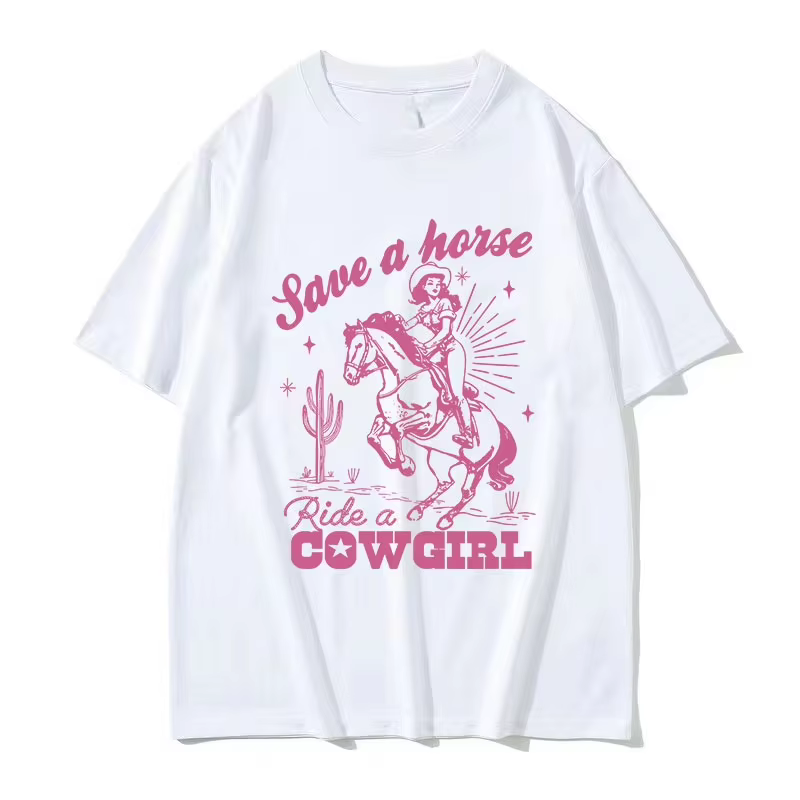 Save A Horse Ride A Cowgirl Imprimé T-shirt Hommes Femmes Rétro Esthétique Mode T-shirts Décontracté Surdimensionné
