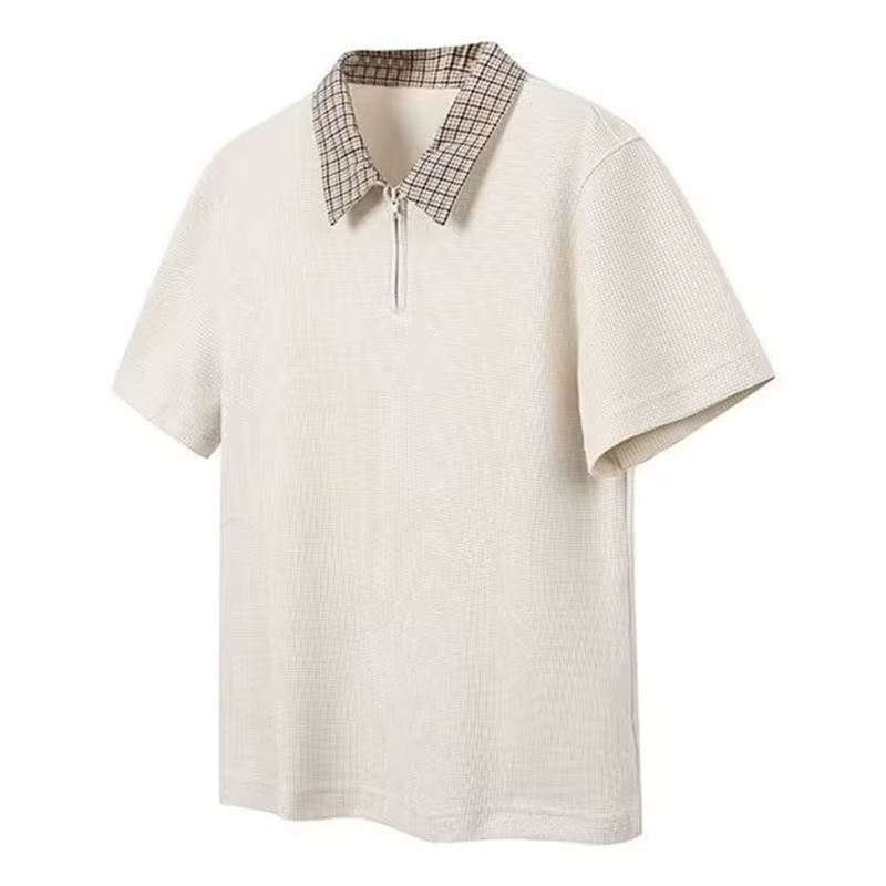 Chemises polo à col à carreaux demi-zippées rétro américaines pour hommes