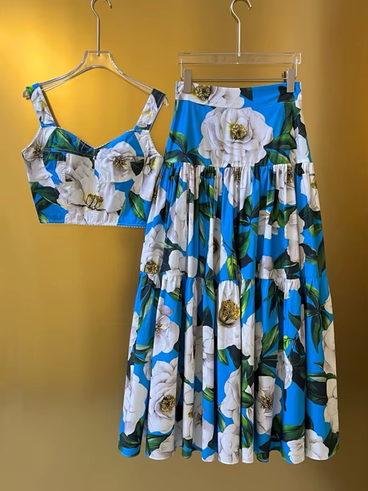 Ensemble 2 pièces d'été de luxe pour femmes, haut court et jupe longue en coton imprimé coquille d'étoile de mer | Vêtements de plage de haute qualité 2025