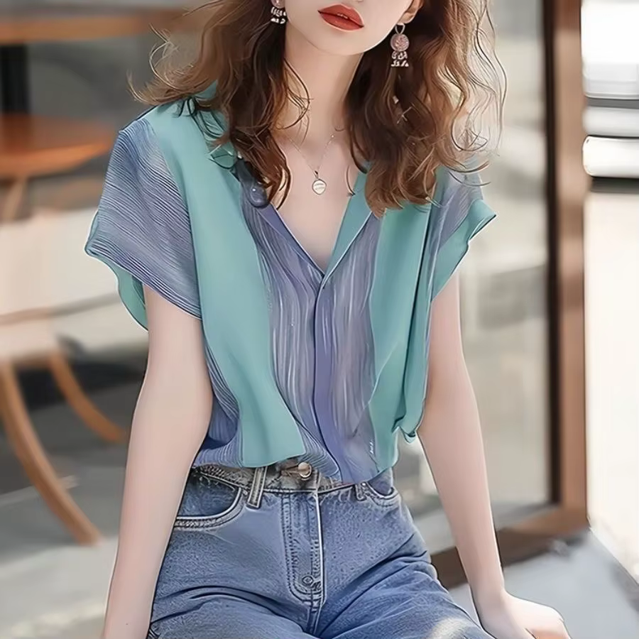 Chemise à manches courtes épissée à rayures violettes françaises