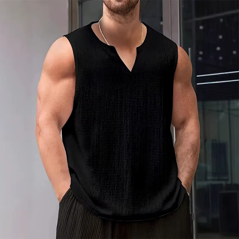 Nouveau Style américain hommes Fitness débardeurs mode populaire col en V couleur unie gilets Sexy décontracté coupe ajustée sans manches T-shirts S-2XL