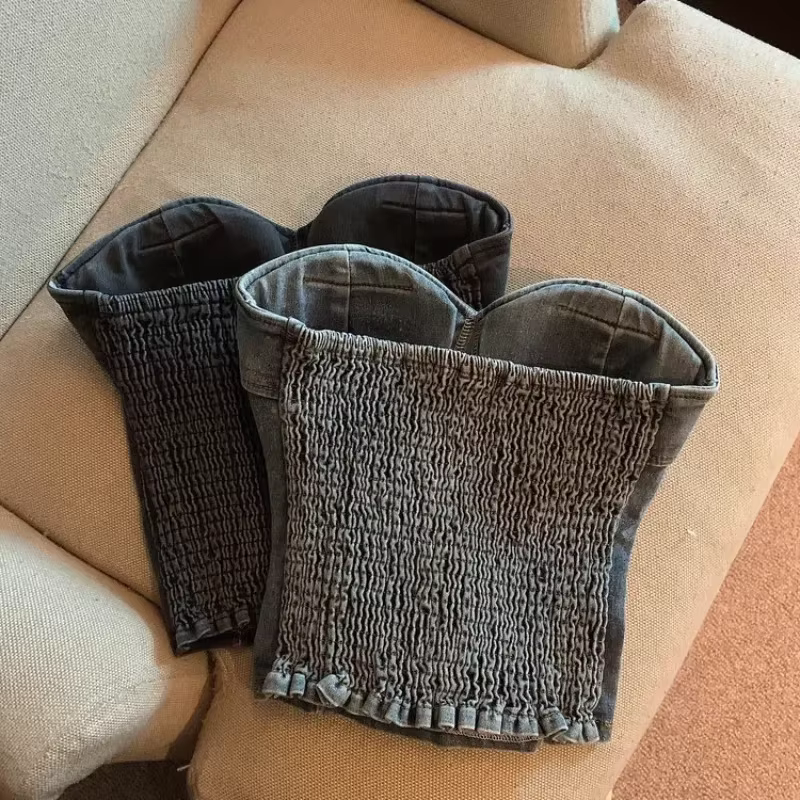 Débardeurs de mode américaine avec soutien-gorge intégré tout-puissant décontracté Denim haut Corset femmes jean Camis hauts Spaghetti sangle livraison directe