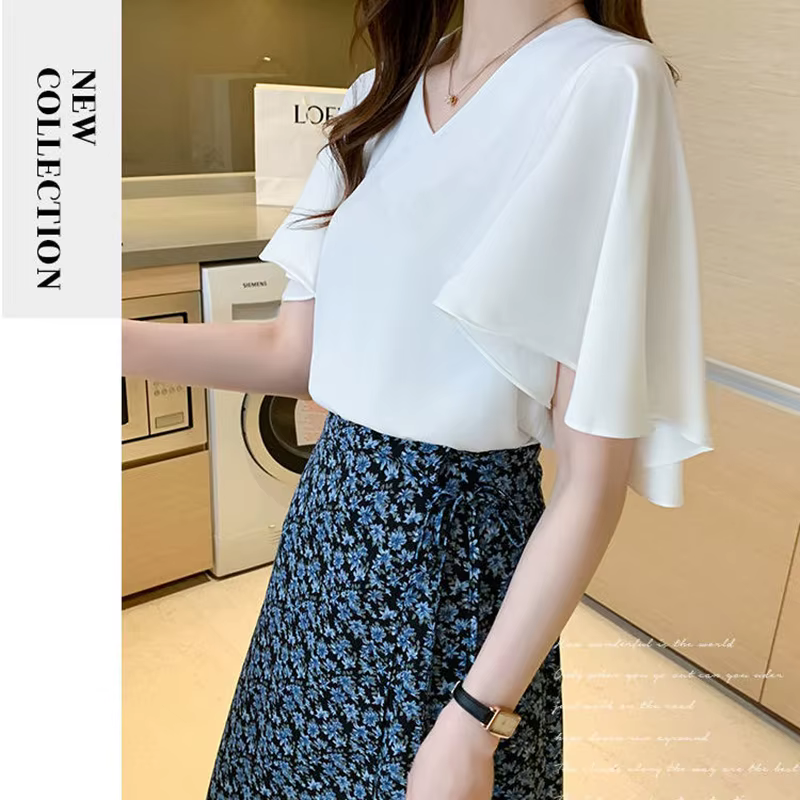 Chemisier Femme Col V Uni à Manches Papillon – Nouvelle Collection Été Décontractée Ample pour le Bureau