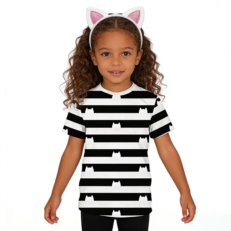 T-shirt rayé pour enfants avec imprimé chat Gabby