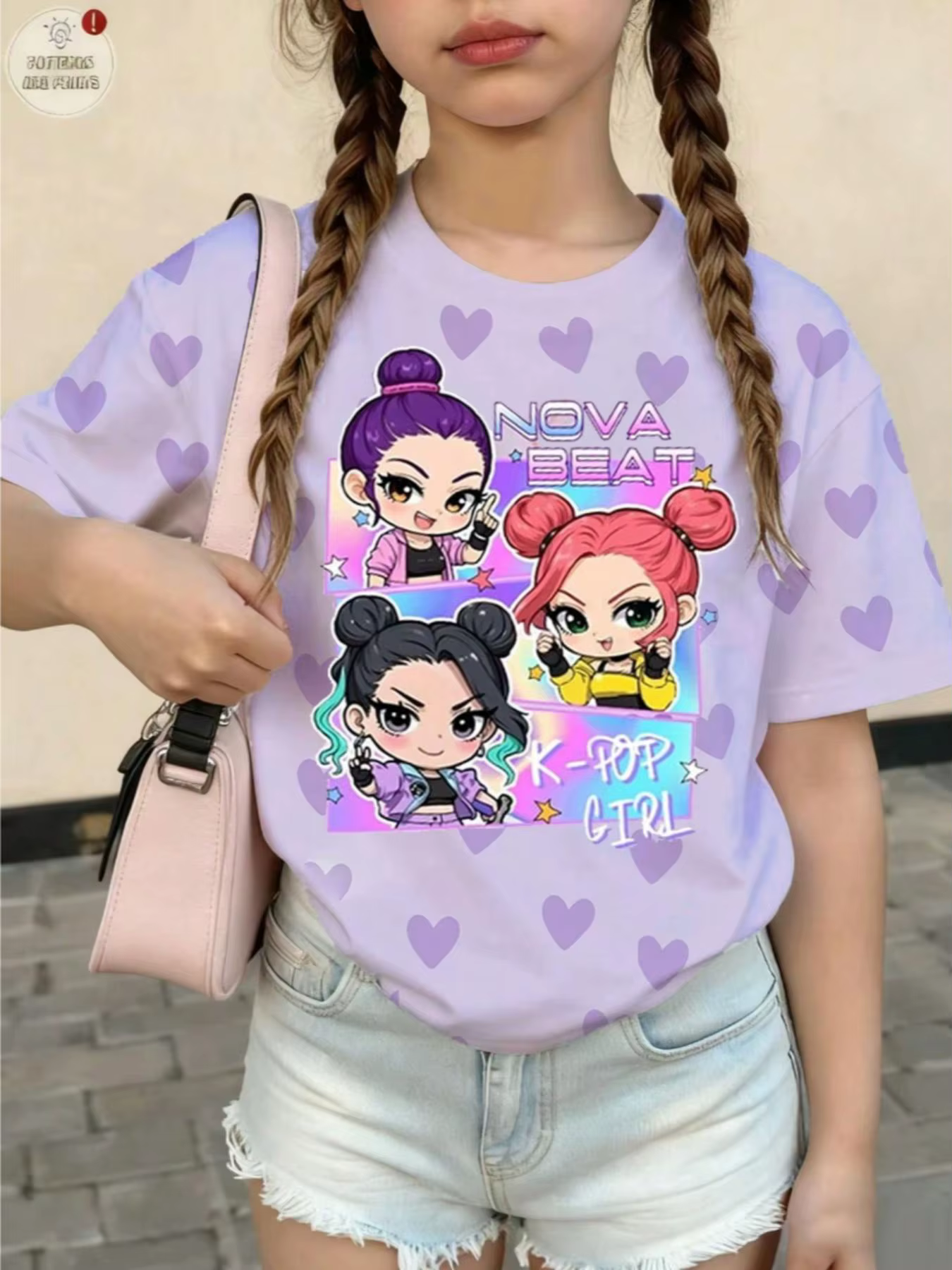T-shirt graphique K-Pop pour filles - Motif cœur violet imprimé Nova Beat Chibi, tee-shirt décontracté pour enfants