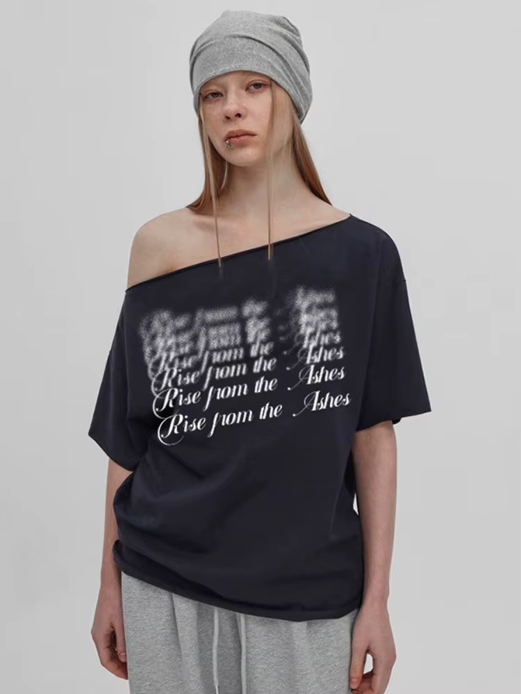 Col incliné surdimensionné t-shirts pour femmes Streetwear lettres imprimées Y2k haut Camisetas à manches courtes Grunge vêtements Ropa Mujer