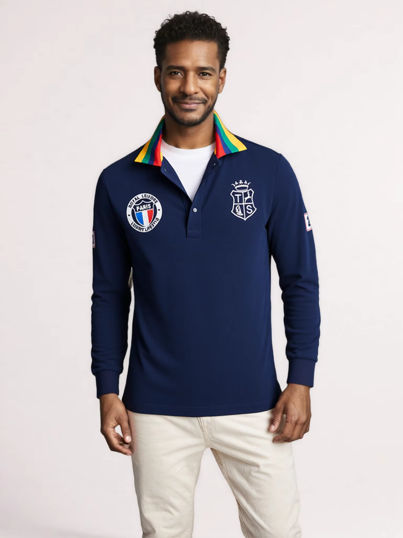 Polos pour hommes Gris 100% coton Polo à manches longues Col complet avec broderie Madrid Vêtements de sport décontractés