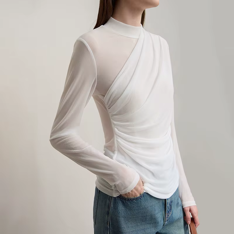 AMII t-shirts femmes 2025 automne nouveau col rond mince polyvalent dame tricoté hauts à manches longues Sexy transparent maille T-shirt 12543162