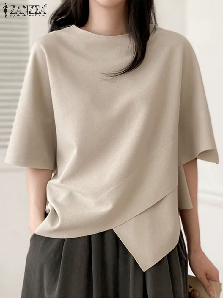 ZANZEA femmes asymétrique t-shirt mode été demi manches t-shirts 2024 coréen col rond plaine tuniques décontracté ample solide Simple hauts