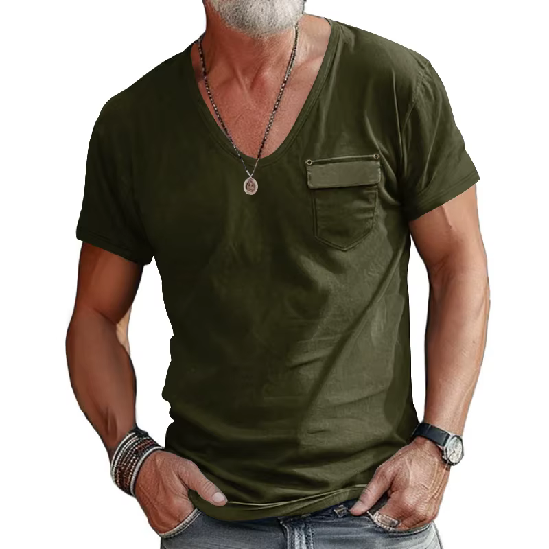 Hommes Col V Poche Économie Casual Homme À Manches Courtes Solide document At Tee Shirt Y-CBFS-CY-25-A