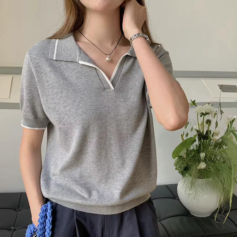 T-shirt à manches courtes tricoté en pur coton pour femmes