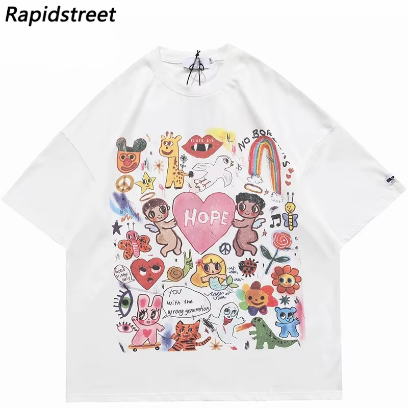 Hommes T-Shirt surdimensionné Hip Hop Streetwear peinture lettre coeur arc-en-ciel anges graphique