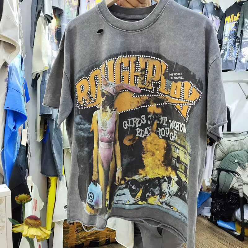 T-shirt Homme Américain Rétro Délavé à Paillettes et Clous Effet Vieilli et Troué