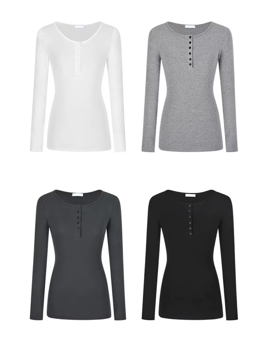 Femmes solide plaine demi bouton avant côtelé t-shirt Simple mode pull haut décontracté coupe ajustée à manches longues