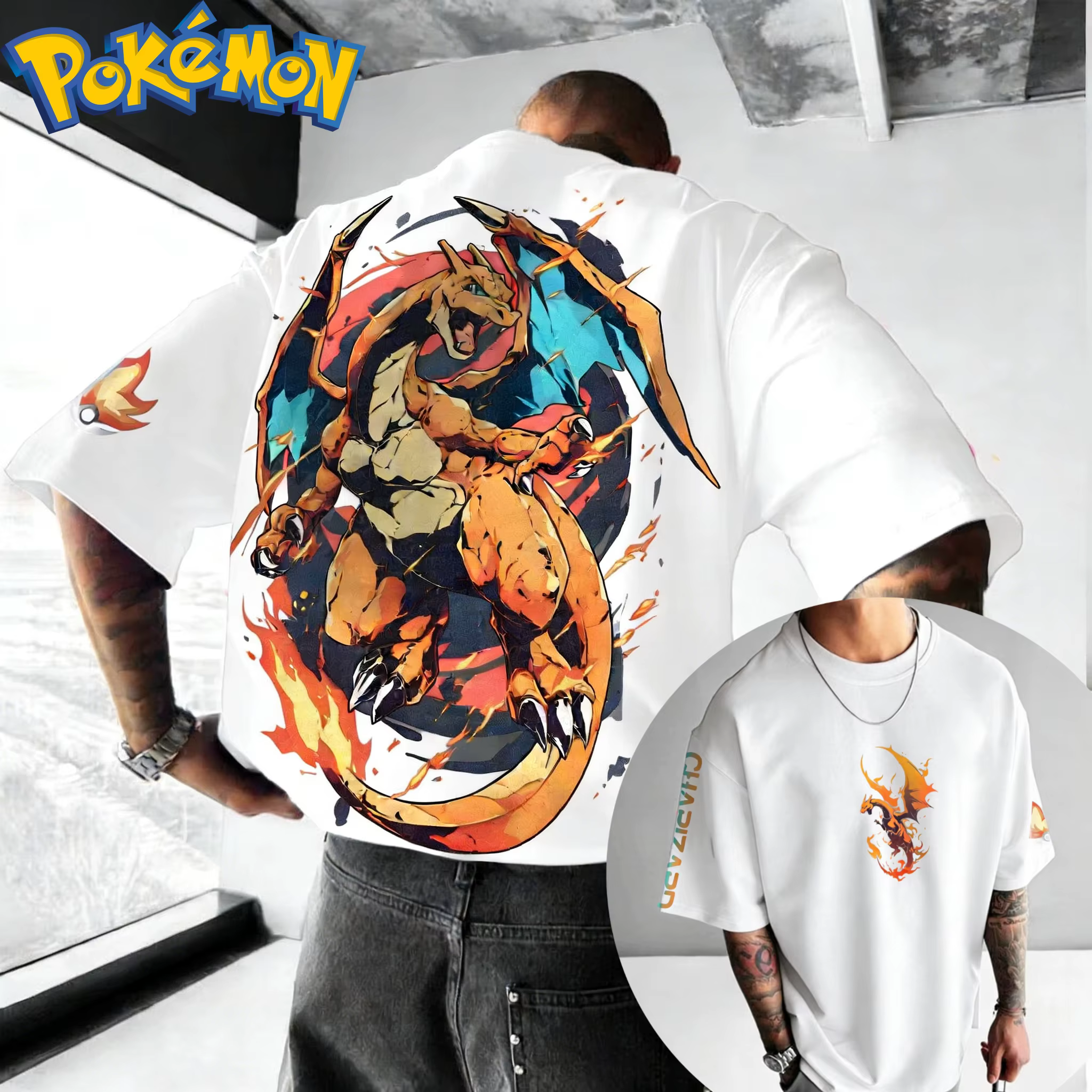 Nouveau T-shirt en coton Pokémon avec impression avant Charizard