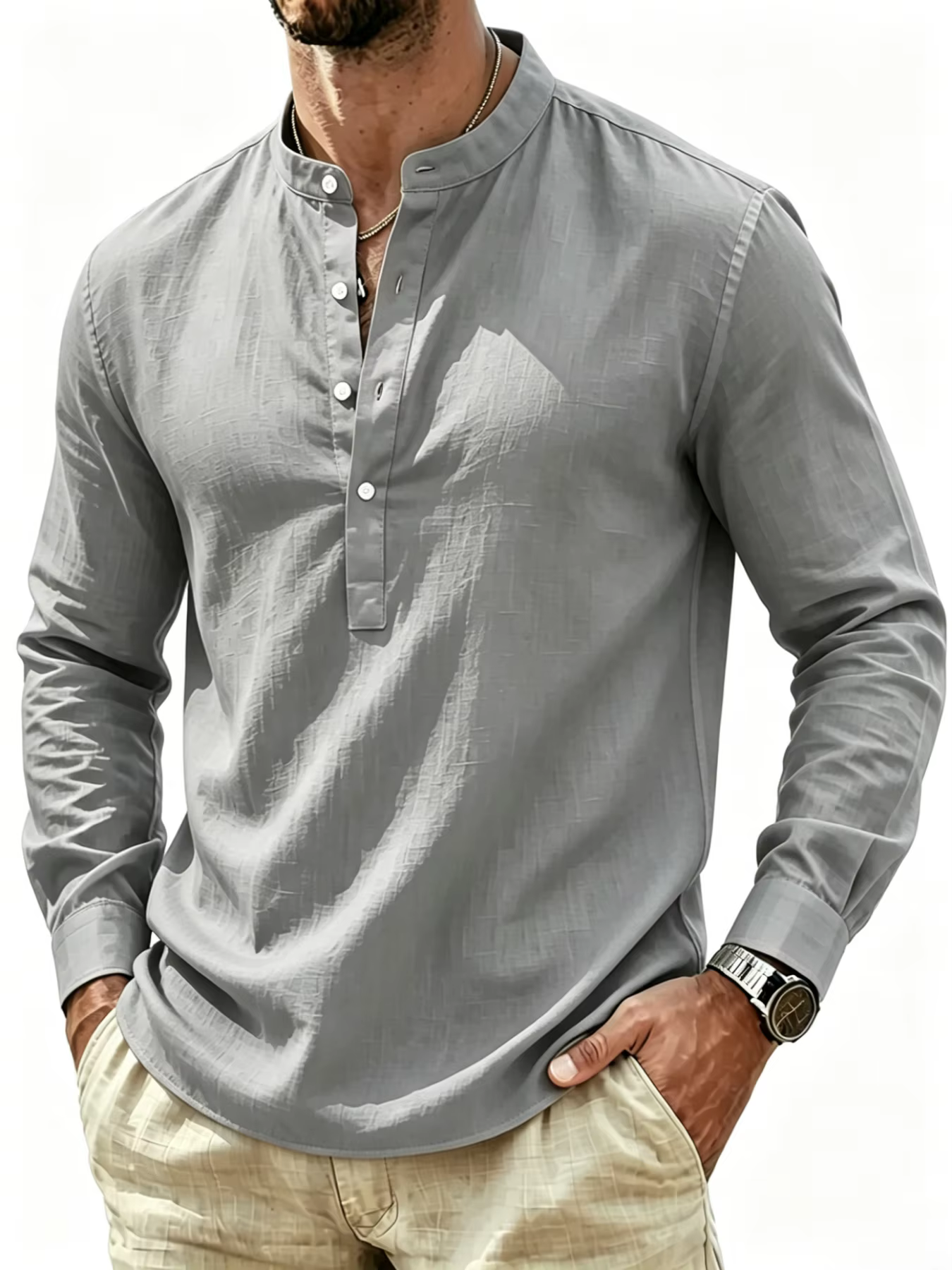 Chemise à col Henley à manches longues pour homme