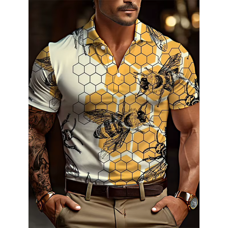 Polo pour homme imprimé 3D Abeilles Loups Aigle, T-shirt graphique animalier, Hauts décontractés d'été à col revers surdimensionné, Manches courtes, Streetwear