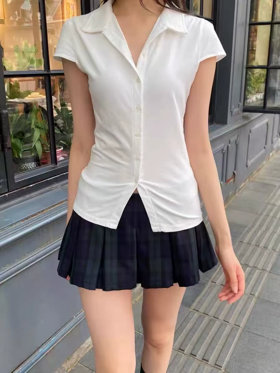 Boutons blancs T-shirts à manches courtes femmes été coton doux col rabattu Style Preppy hauts Blouse
