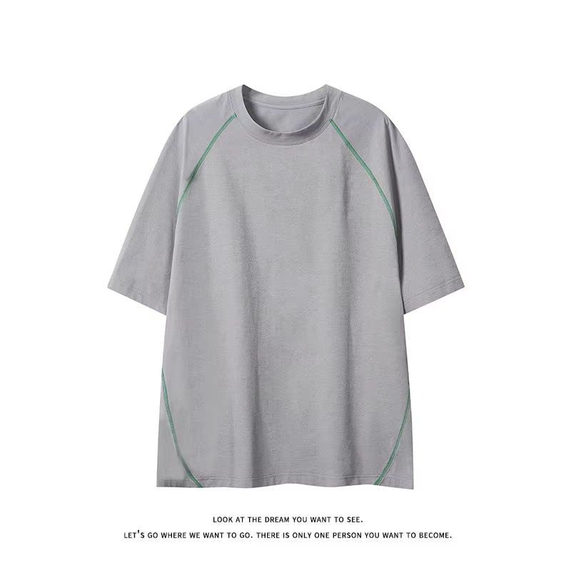T-shirt homme été tendance ample style vintage américain manches courtes col rond polyvalent couple contrastant surpiqué