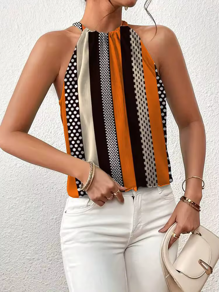 Débardeur Femme Printemps-Été Orange Marron Rayé à Pois Col Halter Sans Manches Style Rétro Chic Quotidien Décontracté