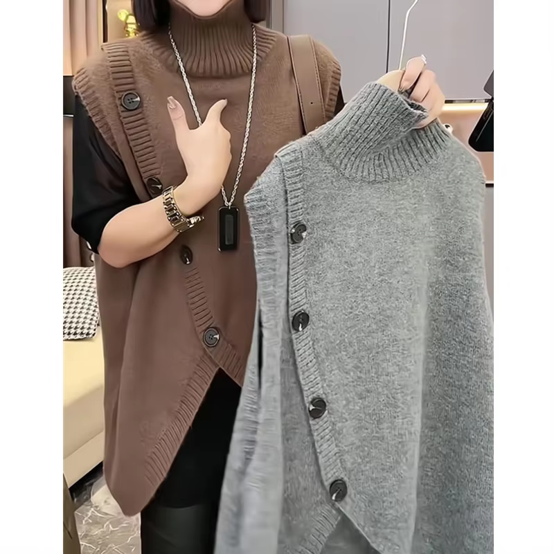 Femmes sans manches longs pull gilets Vintage irrégulière épissé bouton tricots vêtements d'extérieur pulls élégant col