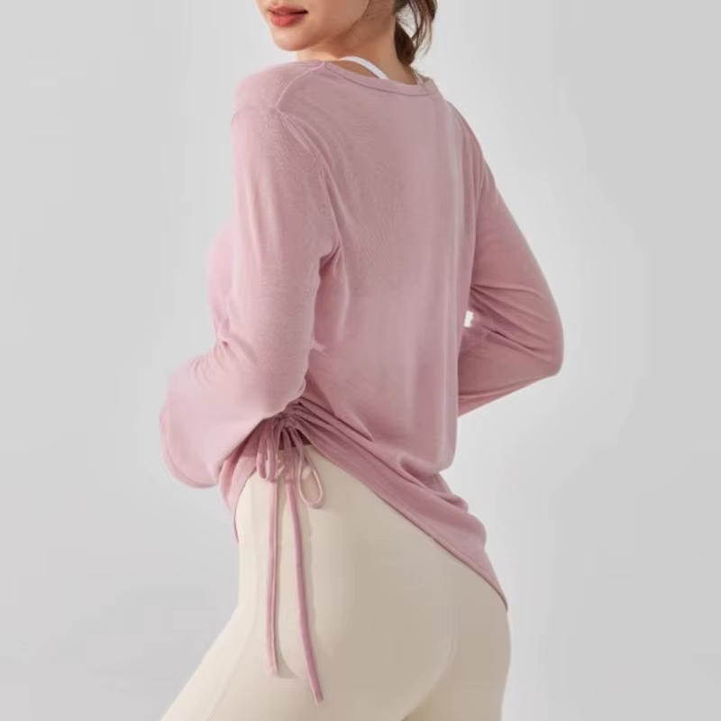 T-shirt de sport de yoga pour femmes, chemise de sport légère et fine avec cordon de serrage, ample, couvrant les hanches, fitness irrégulier, couverture à manches longues