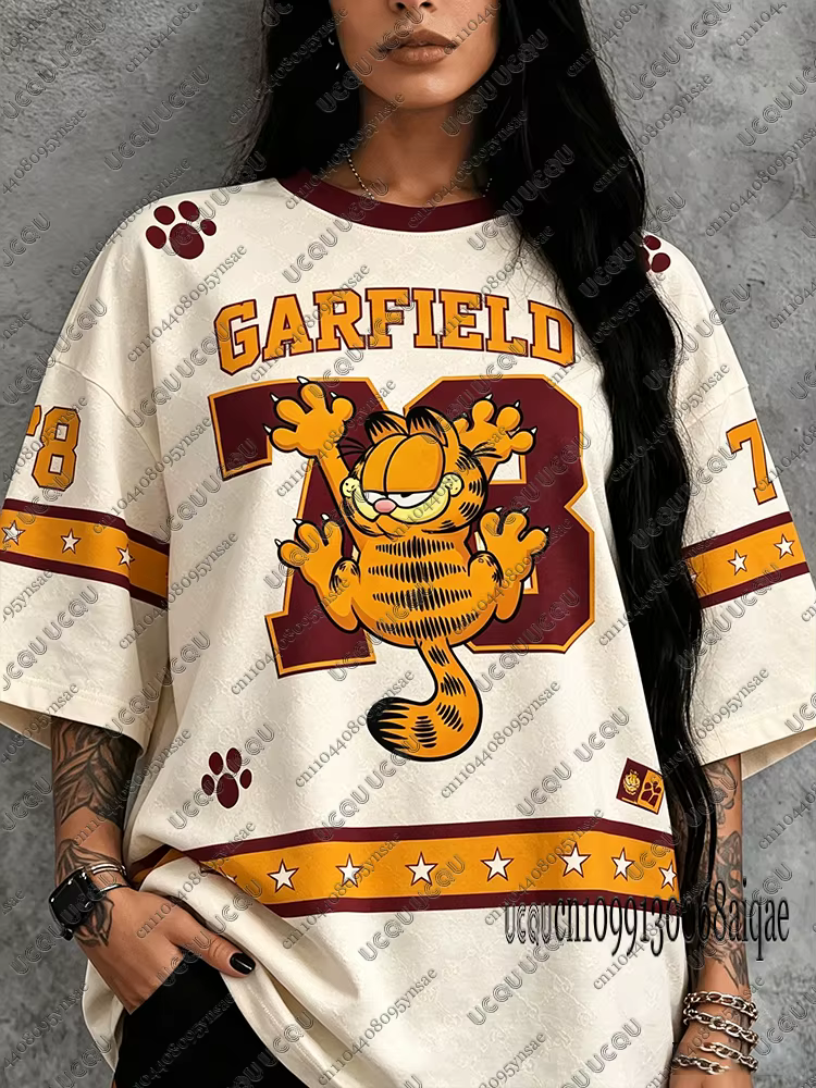 T-shirt d'été à motif de dessin animé Garfield pour femmes