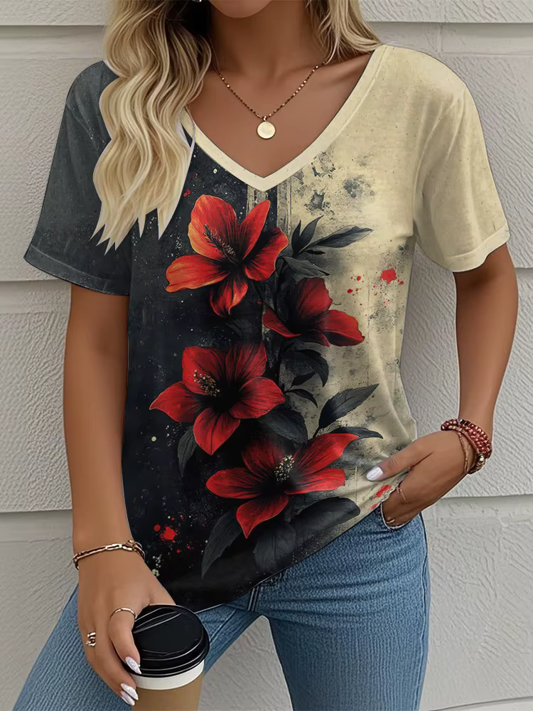 T-Shirt femme motif Floral imprimé décontracté col rond manches courtes hauts rue mode surdimensionné t-shirts vêtements pour femmes